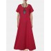 Round Neck Loose Fit Solid Short Sleeve Pocket Midi Dress