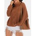 Women Solid Color High Neck Pullover Casual Warm Ribbed Knitted Sweater