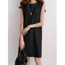 Solid H  Shaped Cotton Sleeveless Round Neck Casual Midi Dress