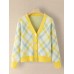 Women Plaid V  Neck Knitted Elastic Cuff Color Block Cardigan