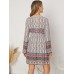 Print Ethnic Pattern Patchwork V Neck Long Sleeve Midi Dress