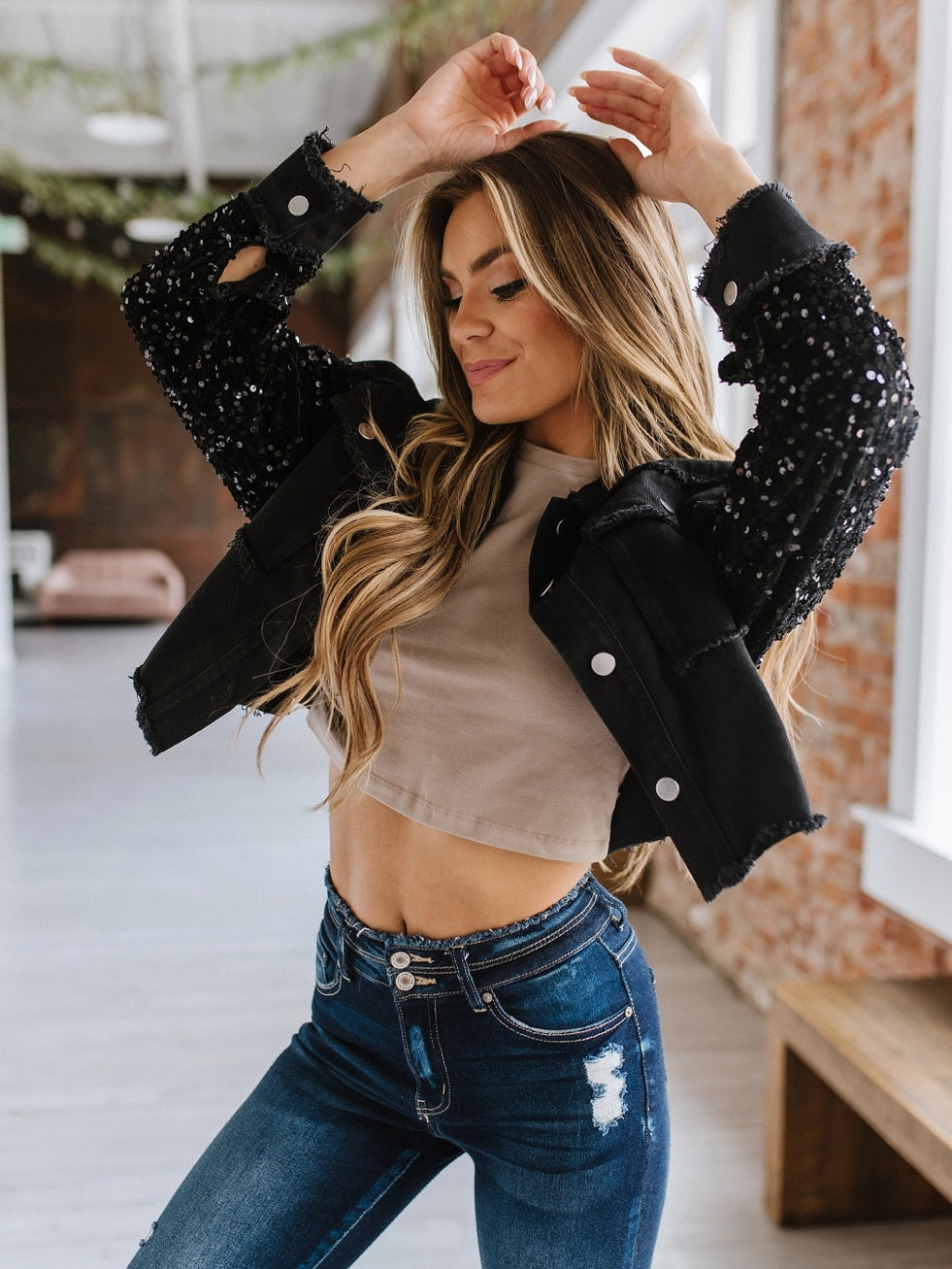 Beth Sequin Sleeve Jean Jacket Beth Sequin Sleeve Jean Jacket