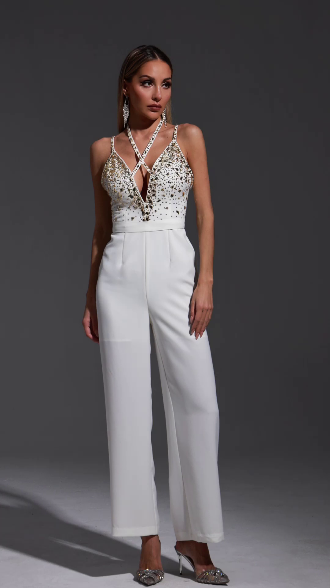 Vanina Halter Sleeveless V-Neck Diamond Maxi Jumpsuit Vanina Halter Sleeveless V-Neck Diamond Maxi Jumpsuit